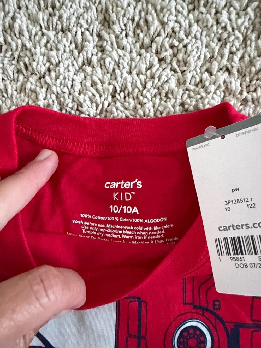 NWT Carter's Red Long-Sleeve Tee with Navy Fire Truck Print size 10